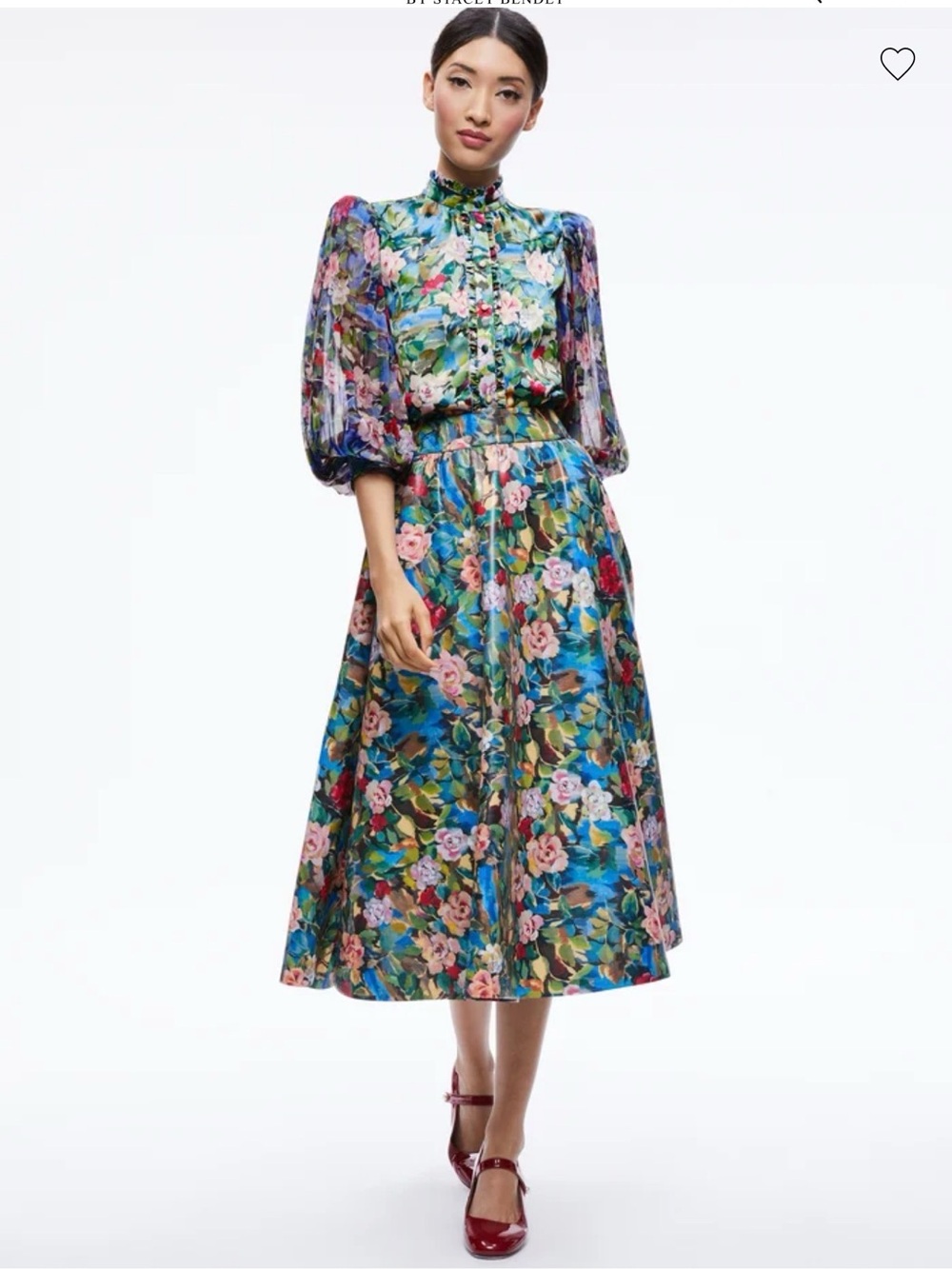 ALICE + OLIVIA EARLA VEGAN LEATHER FLARE SKIRT + ILAN SMOCKED BLOUSE - Picture 1 of 8